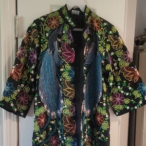 Vintage Colorful Embroidered Jacket Peacock Small G Cond 3/4 Sleeves Frog Close